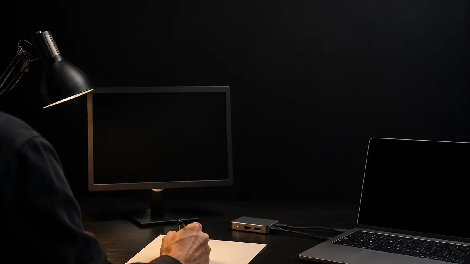 A person writing at a dark desk under a lamp, a monitor and laptop beside them.